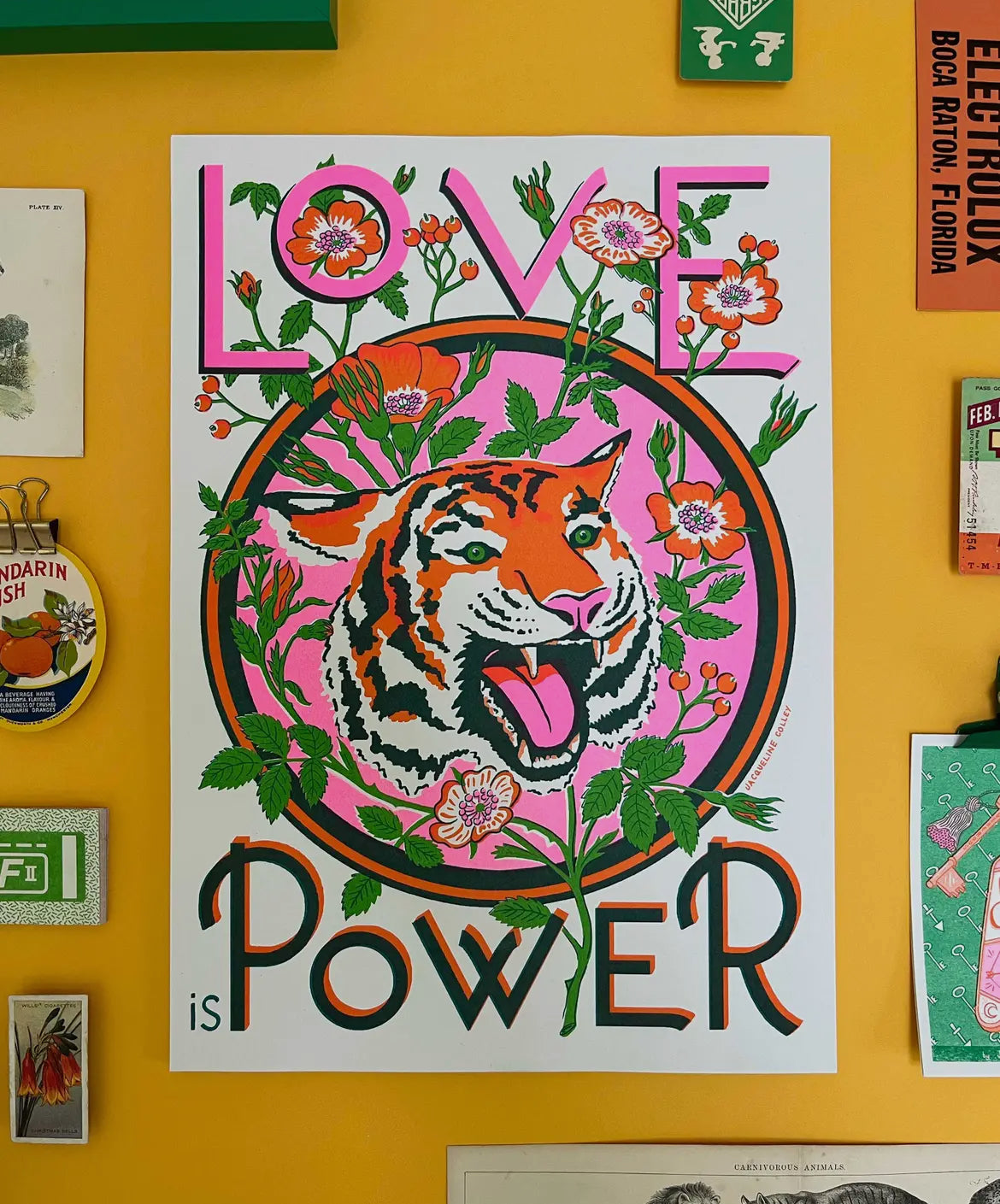 A3 Love Is Power, Tiger and Rose Risograph Print