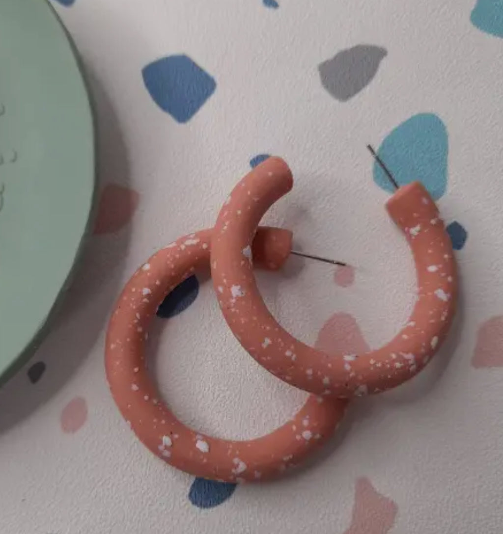 Coral Pink Splatter Effect Hoop Earrings