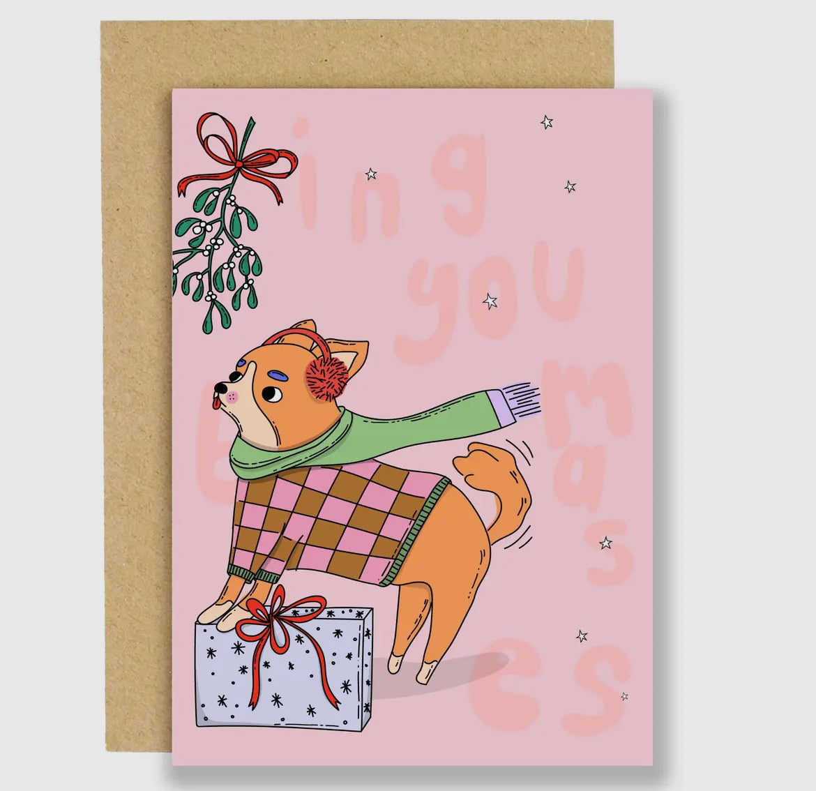 Stylish Dogs Kissing Under Mistletoe Christmas Card