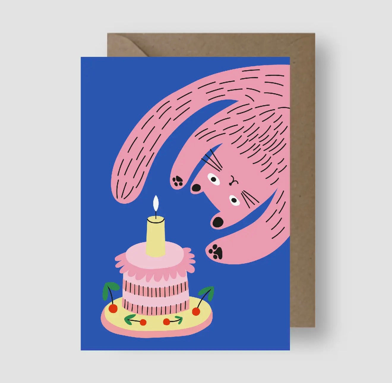 Whimsical Pink Cat Birthday Card