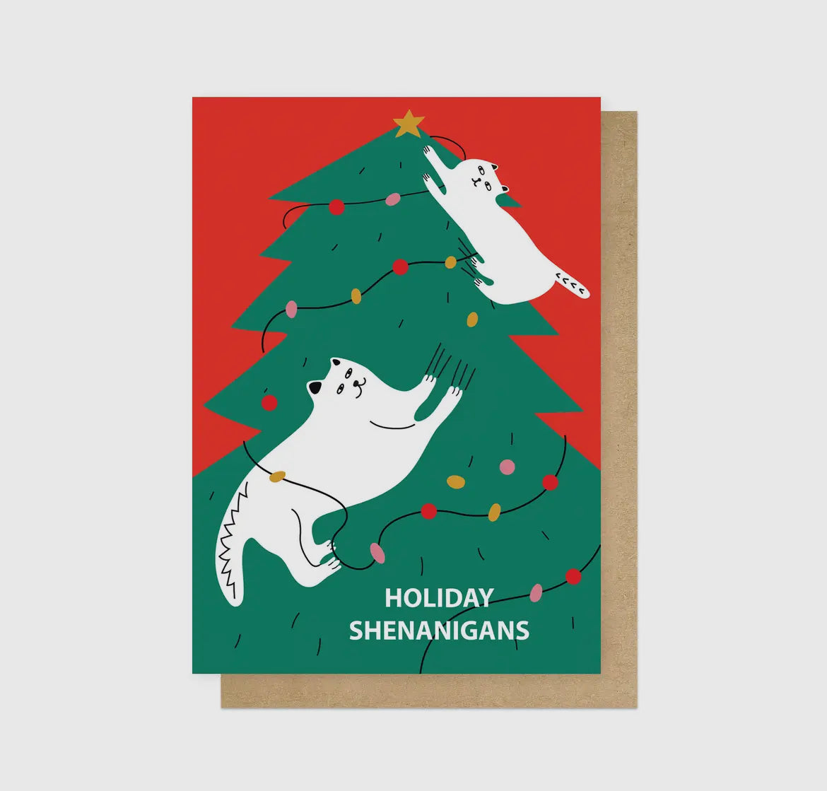 Cats Climbing Christmas Tree Greetings Card