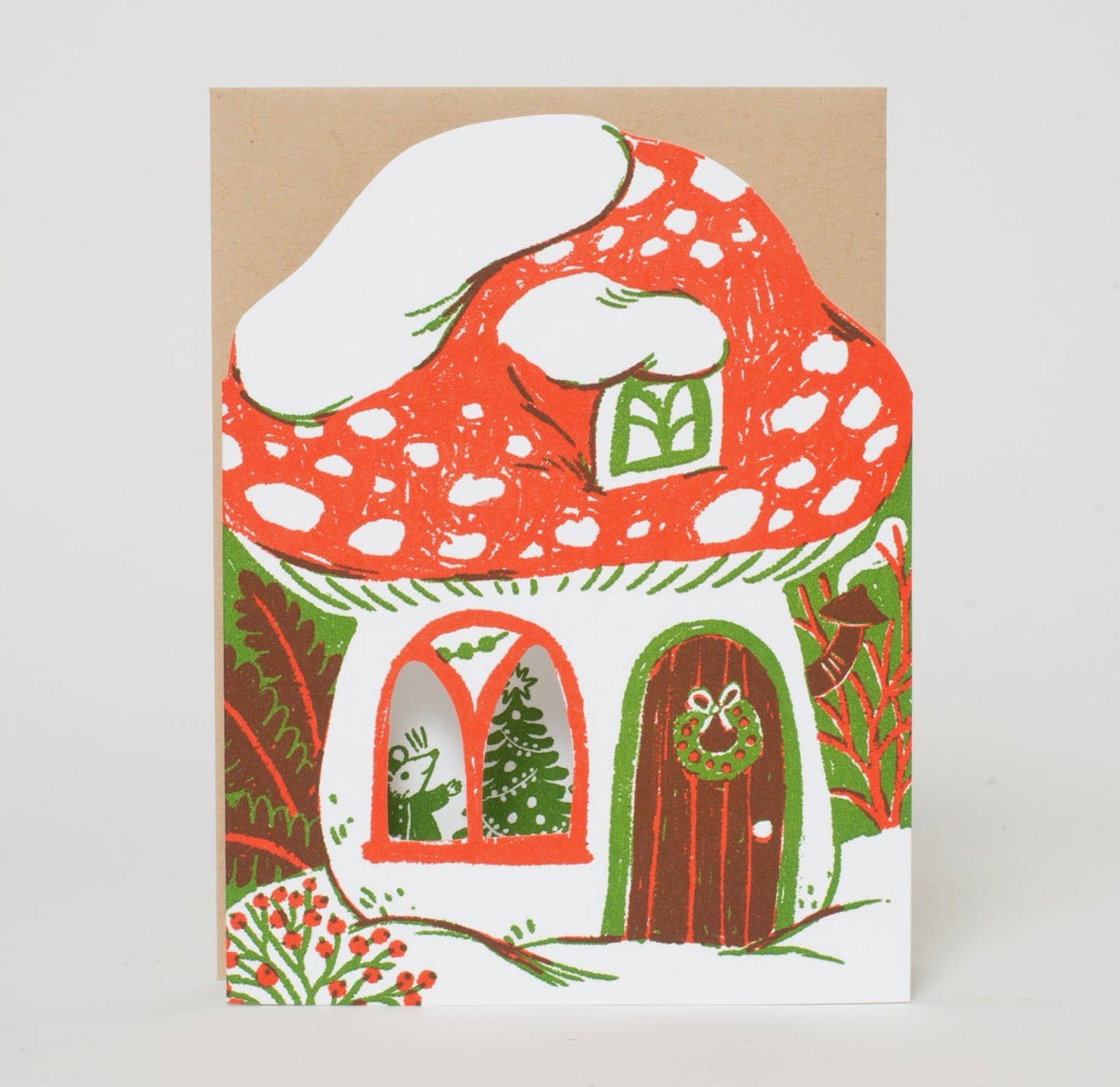 Merry Mushroom House Letterpress Holiday Greeting Card