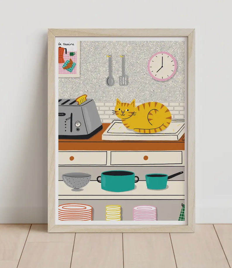 Kitchen Scene with Cat Loaf A4 Art Print