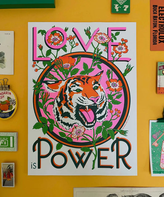 A3 Love Is Power, Tiger and Rose Risograph Print