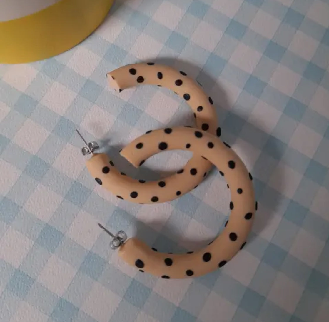 Beige and Black Spotty Polymer Clay Hoop Earrings