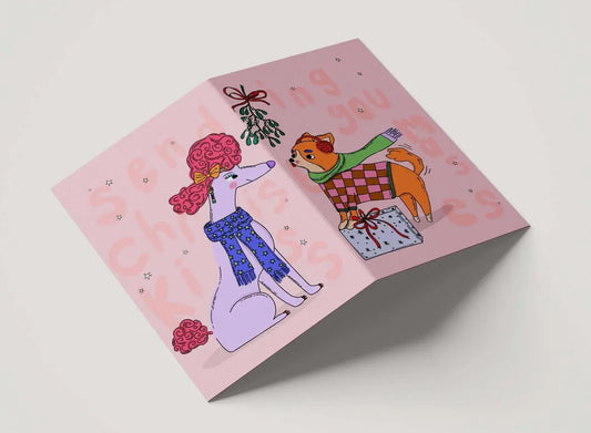 Stylish Dogs Kissing Under Mistletoe Christmas Card