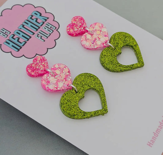 Pink and Green Triple Heart Glitter Earrings