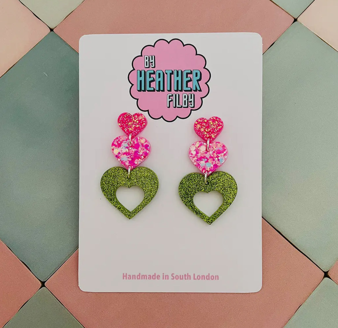 Pink and Green Triple Heart Glitter Earrings
