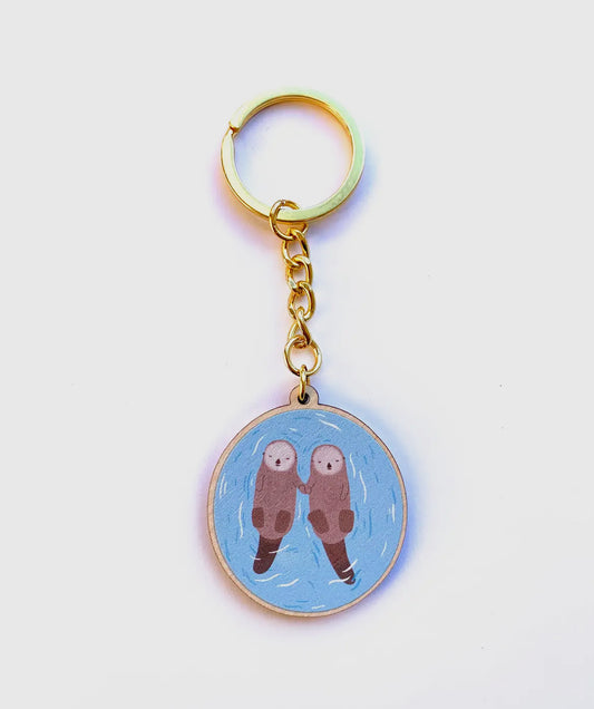 Sea Otters Wooden Key Ring