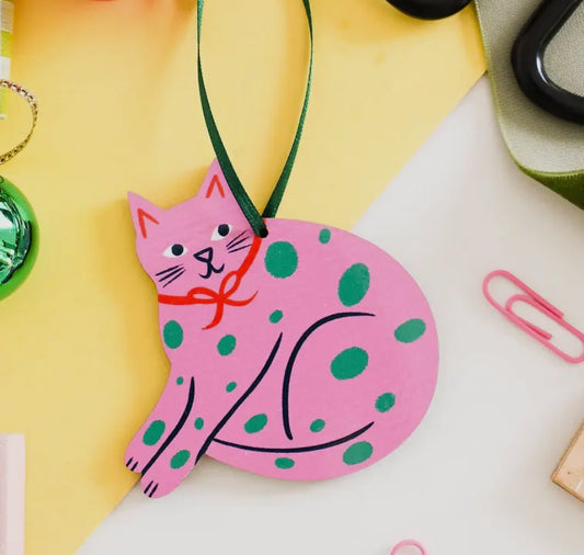 Pink and Green Spotty Cat Wooden Hanging Ornament
