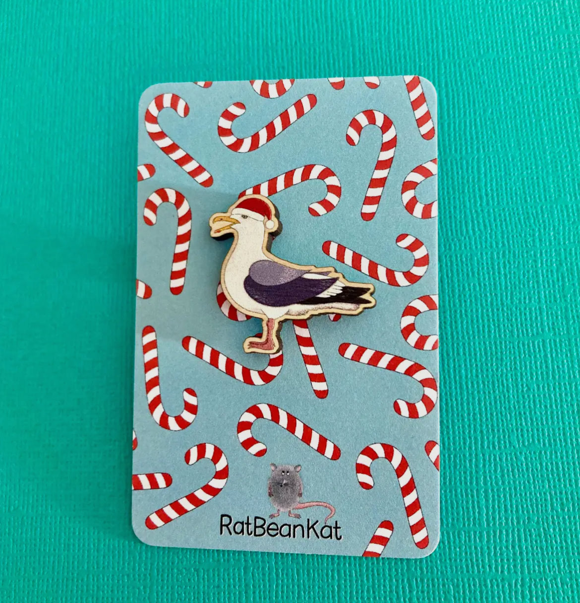 Festive Seagull Wooden Pin Badge