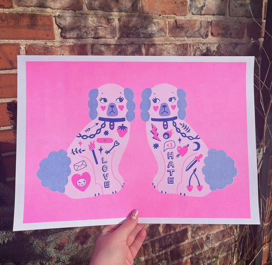 Valentines Dogs A3 Risograph Print