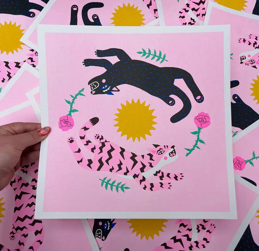 Leaping Cats Square Risograph Print
