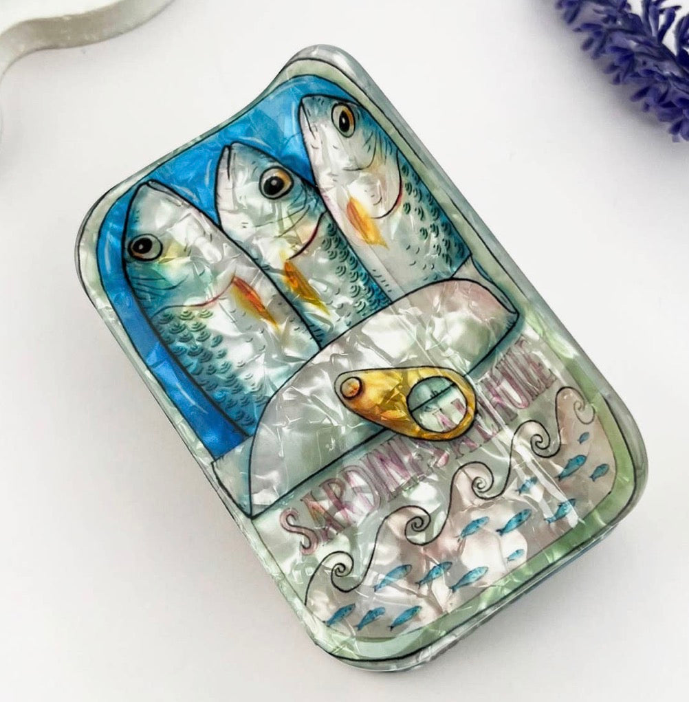 Cat Sardine Tin Print Claw Clip