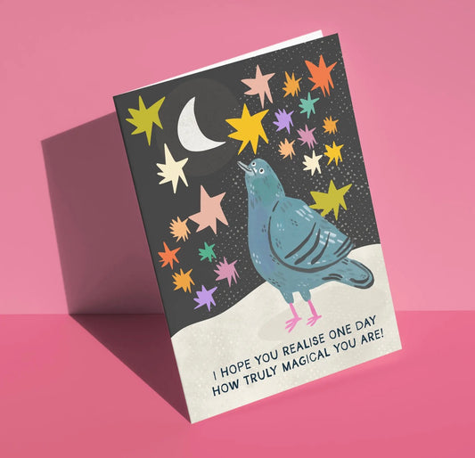 Truly Magical Pigeon + Stars Greetings Card