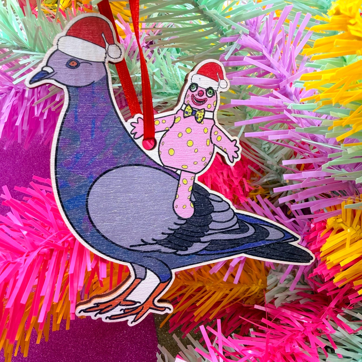 Blobby Rides a Pigeon  Wooden Christmas Decoration