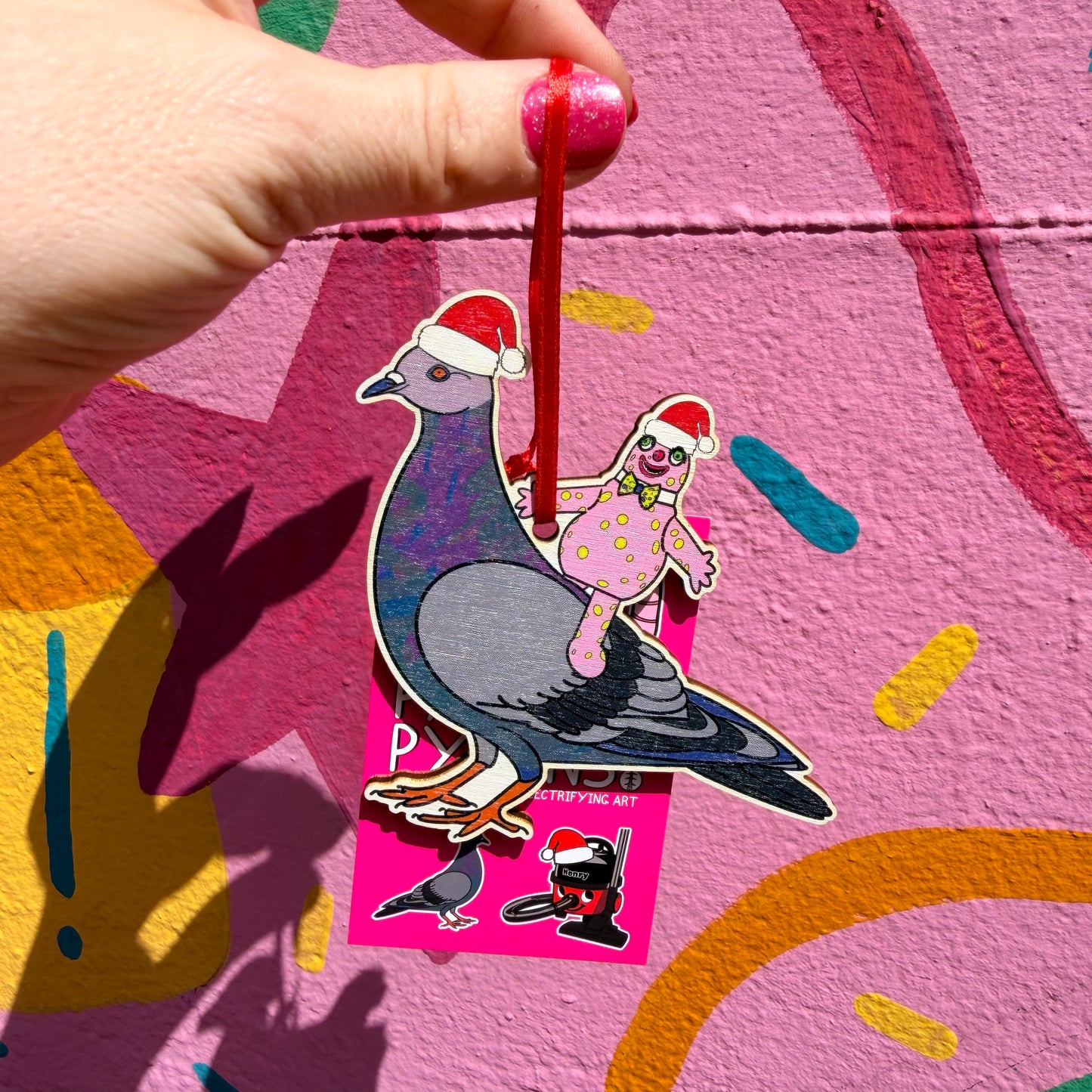 Blobby Rides a Pigeon  Wooden Christmas Decoration