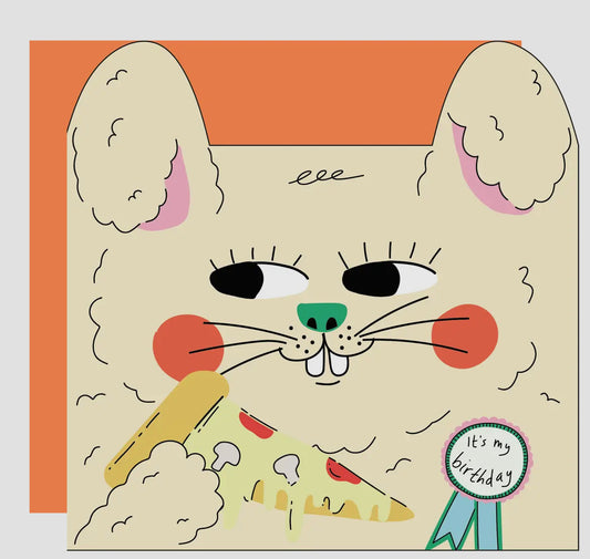 Rabbit Eats Pizza Die Cut Birthday Greeting Card