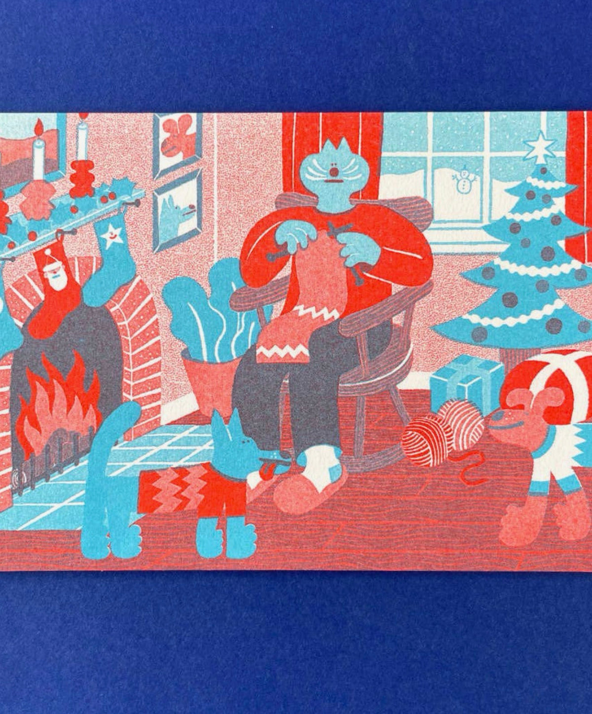 Cozy Winter Indoor Knitting Scene Christmas Card