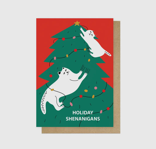 Cats Climbing Christmas Tree Greetings Card