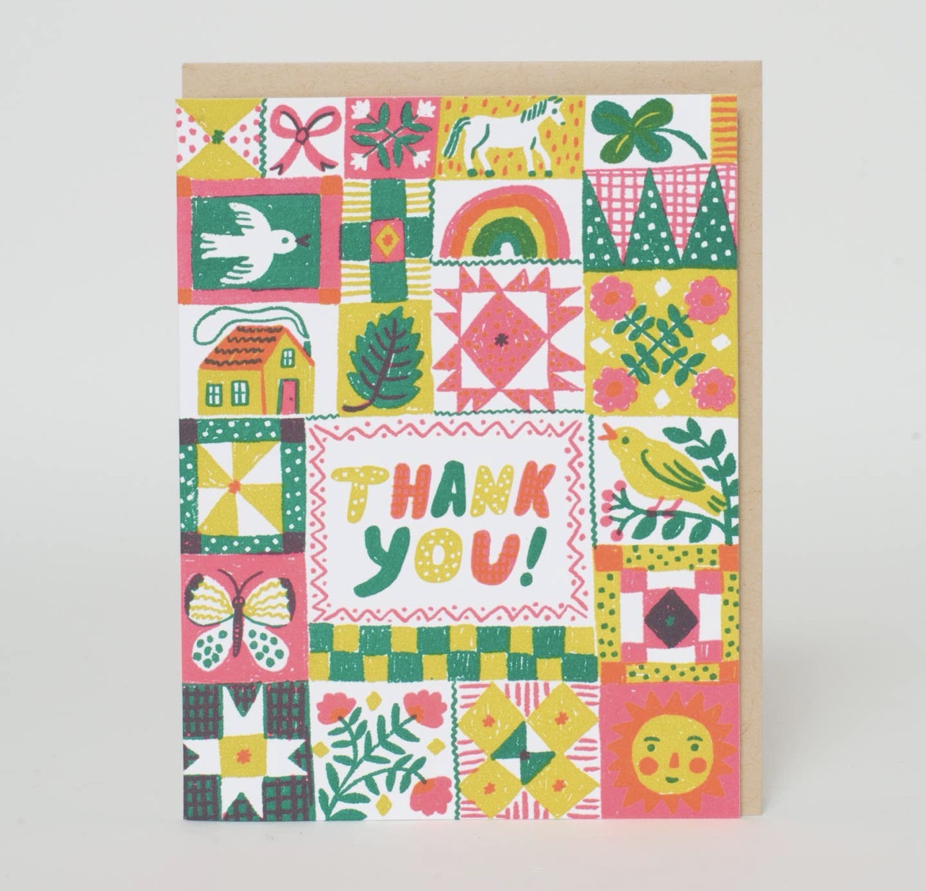 Folk Quilt Thanks Letterpress Greeting Card